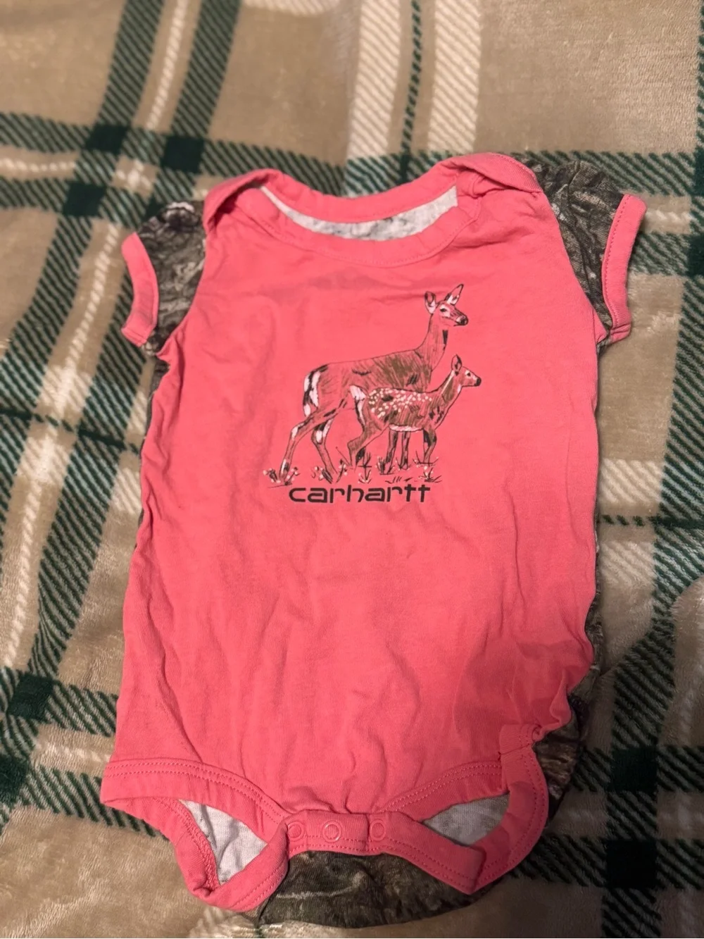 Carhartt Pink Onesie with Deer Graphic and Camo Trim